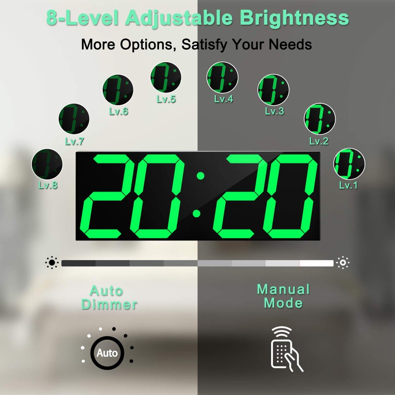 CHKOSDA LED Large Digital Wall Clock, Oversize Wall Clock with 6â€ Numbers, Remote Control Count up/Countdown Timer Clock, Auto Dimmer, Big Calendar and Thermometer(Green) - Image 3